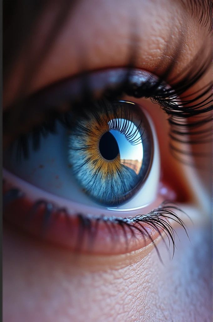 Crée la photo avec une résolution parfaite de l'oeil d'une femme, violet, bleue et marron 