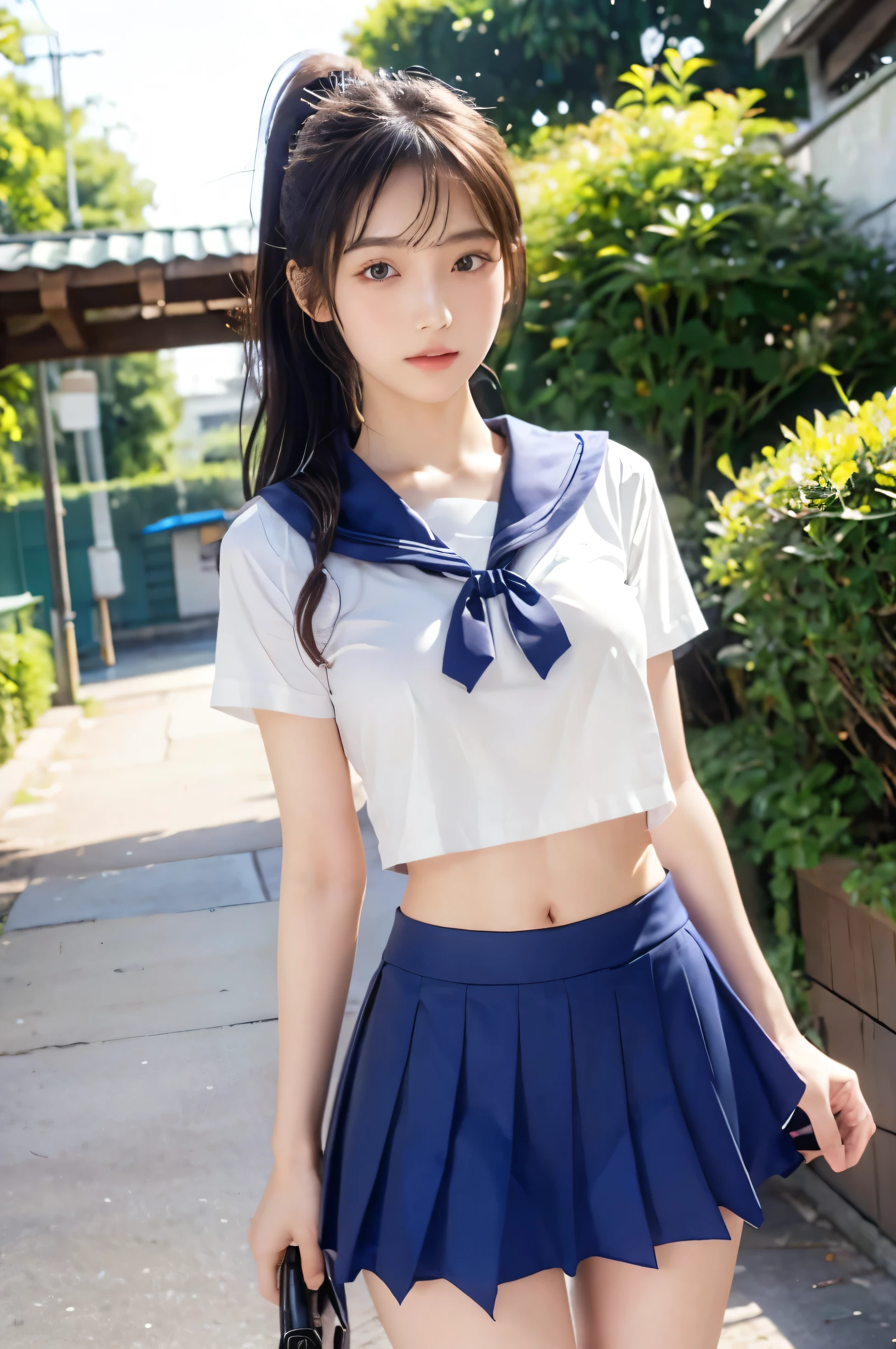 (Ultra HD), (Looking at me), (The whole body is shown), (Short-sleeved sailor uniform, Navy blue low-rise mini skirt), (Big Breasts:1.2), Super beautiful breasts, slender, Narrow waist, (Thin legs:1.2), (Thin thighs:1.2), (Thin Hips:1.4), (Beautiful Skin, Shiny skin, White skin), (Super slim face, Super beautiful face, No makeup, Smile:0.6), (ponytail, Layered Cut, Fluffy hair), (double eyelid, Slanted Eyes), (Small Nose), (Thin lips), Are standing, In front of the school gate