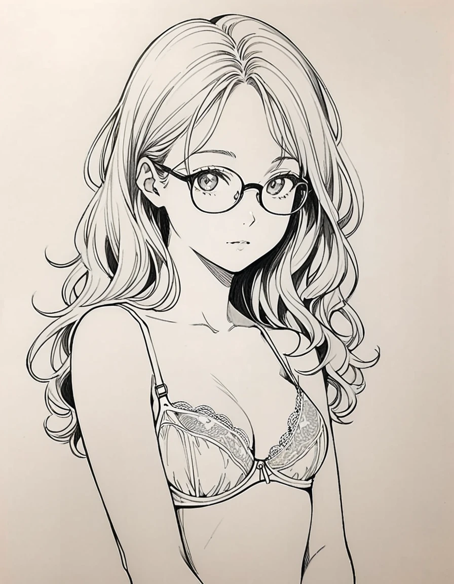 1 female, 30-year-old, alone, thin, slender, small breasts!!!, Loose curly hair, Bedhead, Forehead, thin, slender, (((glasses))), lingerie, white bra, (((She wears sexy bra))), Are standing, art, black and white, line art, pencil drawing, draft, White background