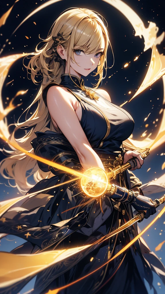 masterpiece, high quality, 4K, Beautiful design, silhouette,blonde, 非常に詳細な夜のStarry Sky,World of Time, wonderful, Finer details, Very knowledgeable woman, Highly detailed solo, 1 female,Big Breasts,High-neck dress,Sleeveless,Night view,Starry Sky,full moon,