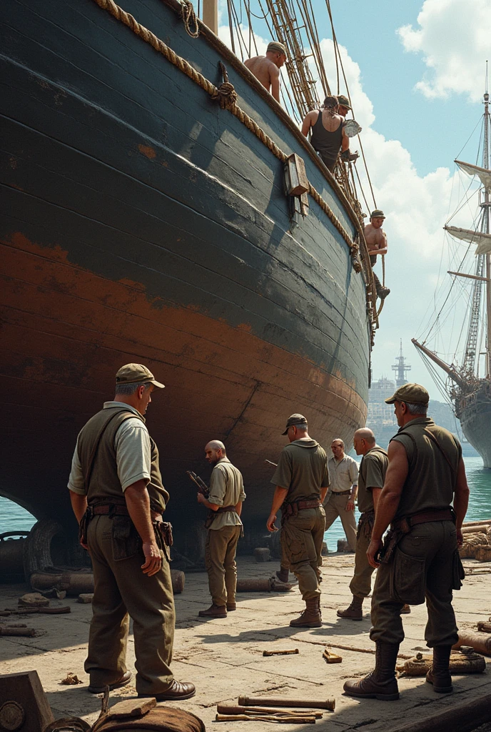 creates an image of a men repairing a large boat