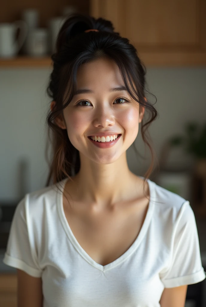 A woman in my room、(Kitchen_whiteTShirts:1.Wear 3)、4K、A high resolution、tmasterpiece、top-quality、((hasselblad photograph))、Fine skin、sharp focus、(lighting like a movie)、Soft lighting、overhead shot、[:(Detailed face:1.2):0.2]、small chest、sweat pouring down the skin:1.2、(((In the kitchen))) A smile　Viewer's perspective　huge tit　Ponytail , eye focus 、ほぼ顔のみ