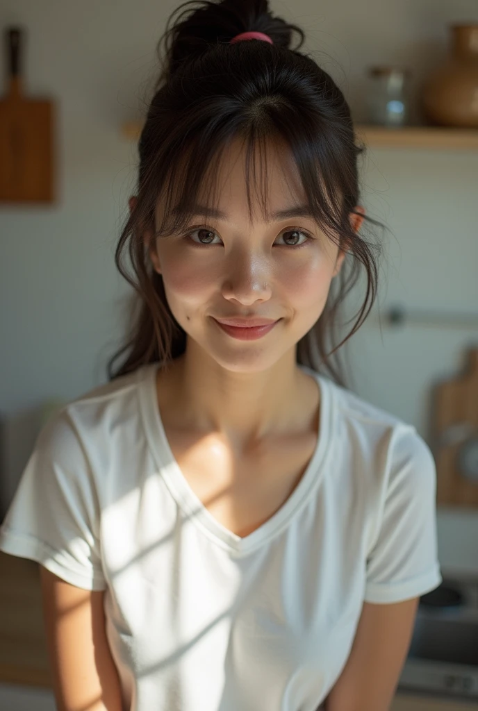 A woman in my room、(Kitchen_whiteTShirts:1.Wear 3)、4K、A high resolution、tmasterpiece、top-quality、((hasselblad photograph))、Fine skin、sharp focus、(lighting like a movie)、Soft lighting、overhead shot、[:(Detailed face:1.2):0.2]、small chest、sweat pouring down the skin:1.2、(((In the kitchen))) A smile　Viewer's perspective　huge tit　Ponytail , eye focus 、ほぼ顔のみ