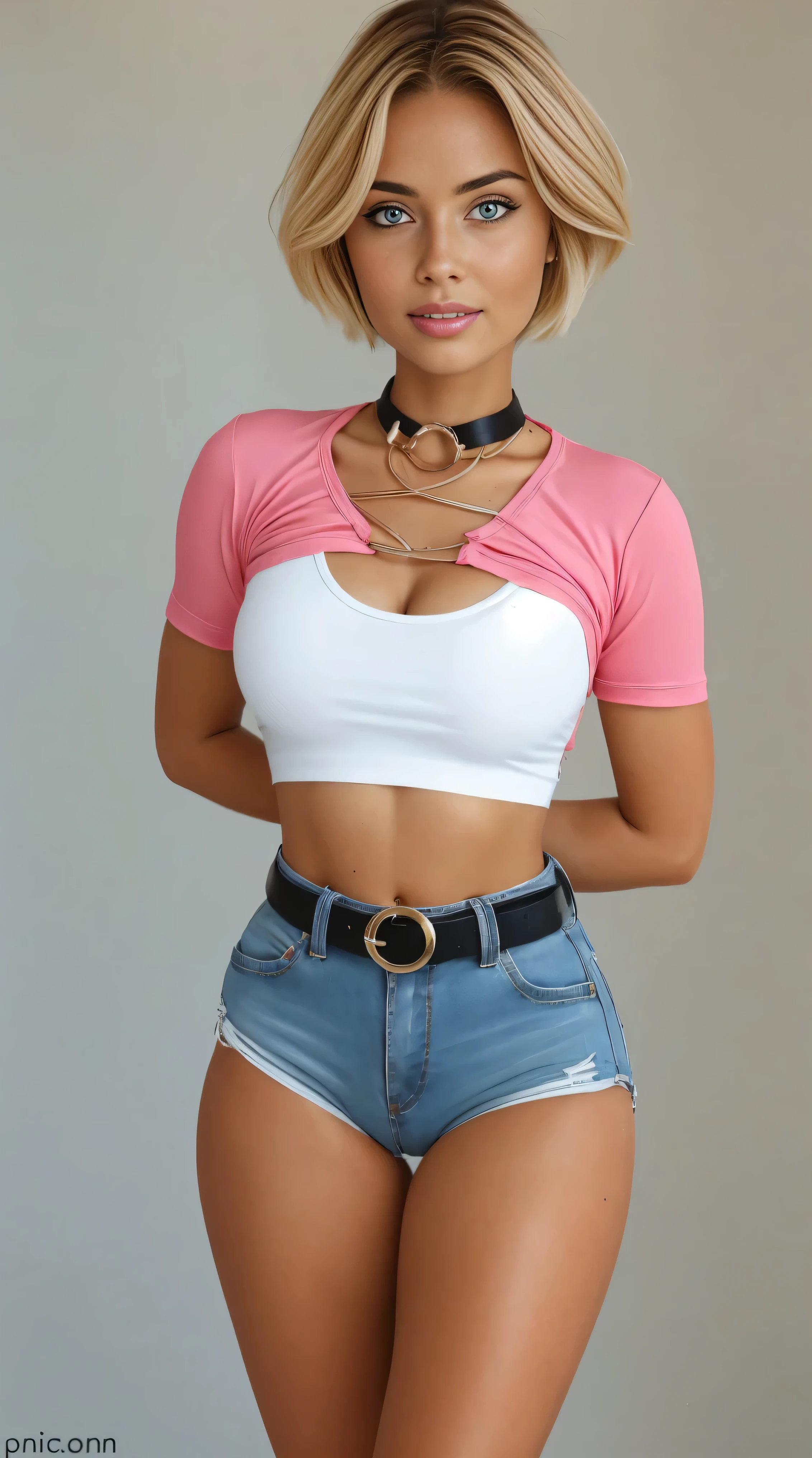 Naughty girl-model, Italian facial type, so pretty, too much tanned, blonde hair, bob hairstyle, straigt bangs, brown eyes, dimpled cheeks, beautiful figure, girl wearing crop deep-pink t-shirt with short sleeves and white sexy club denim dolphin short micro shorts with belt, beautiful slim long legs, bound arms, handcuffs and shackles, slave choker, cute makeup, flirtatiously posing, hot summer outfit, ideal anatomy, sweaty, top quality, highest quality, pin-up style, retro 80s style, Daisy Dukes style, Miami vibes, Californian, American style of Hollywood, bright colors, hiperrealism