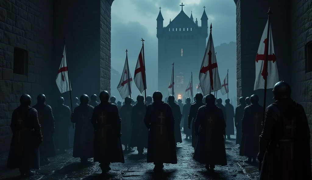Several Knights Templar leaving the castle at night, with helmets carrying a cross and white flags with a cross design, going to war
