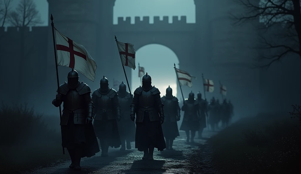 Several Knights Templar leaving the castle at night, with helmets carrying a cross and white flags with a cross design, going to war