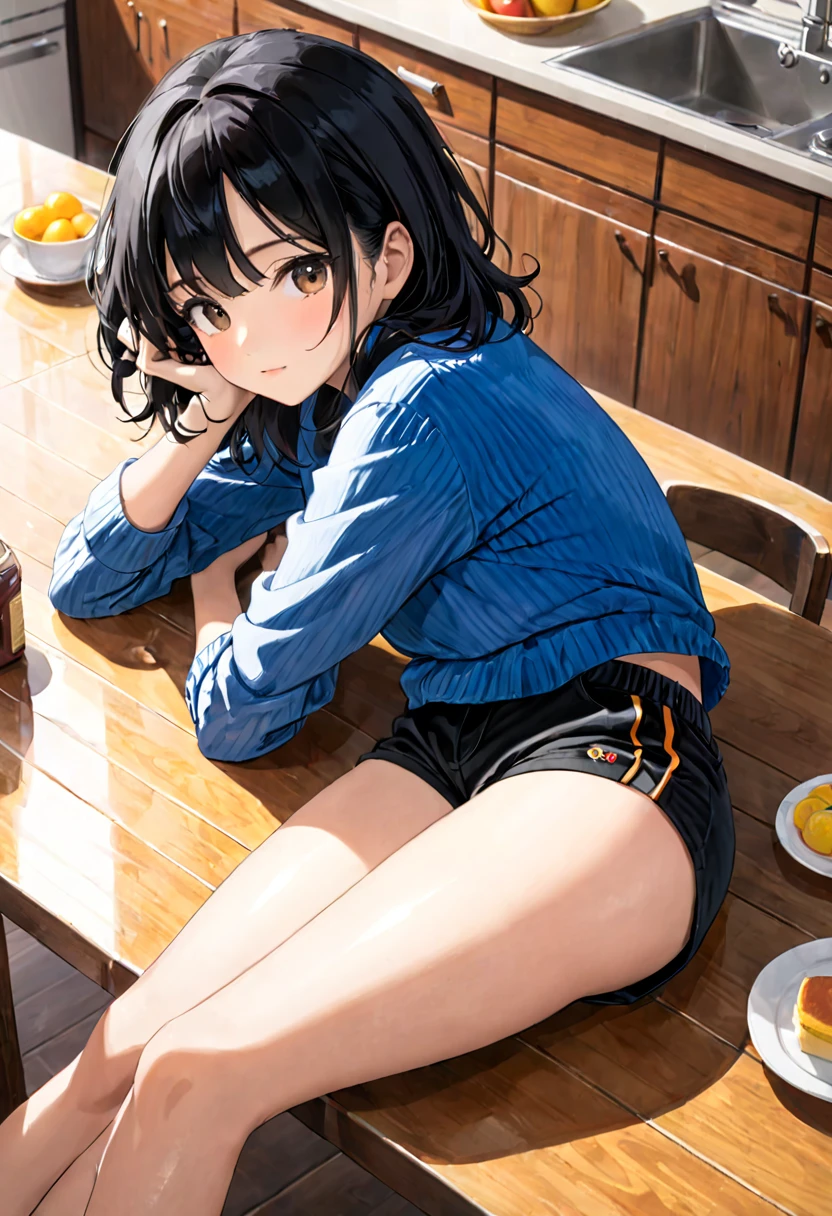 40-year-old Woman Black hair Corduroy shorts Kitchen Laying on a table