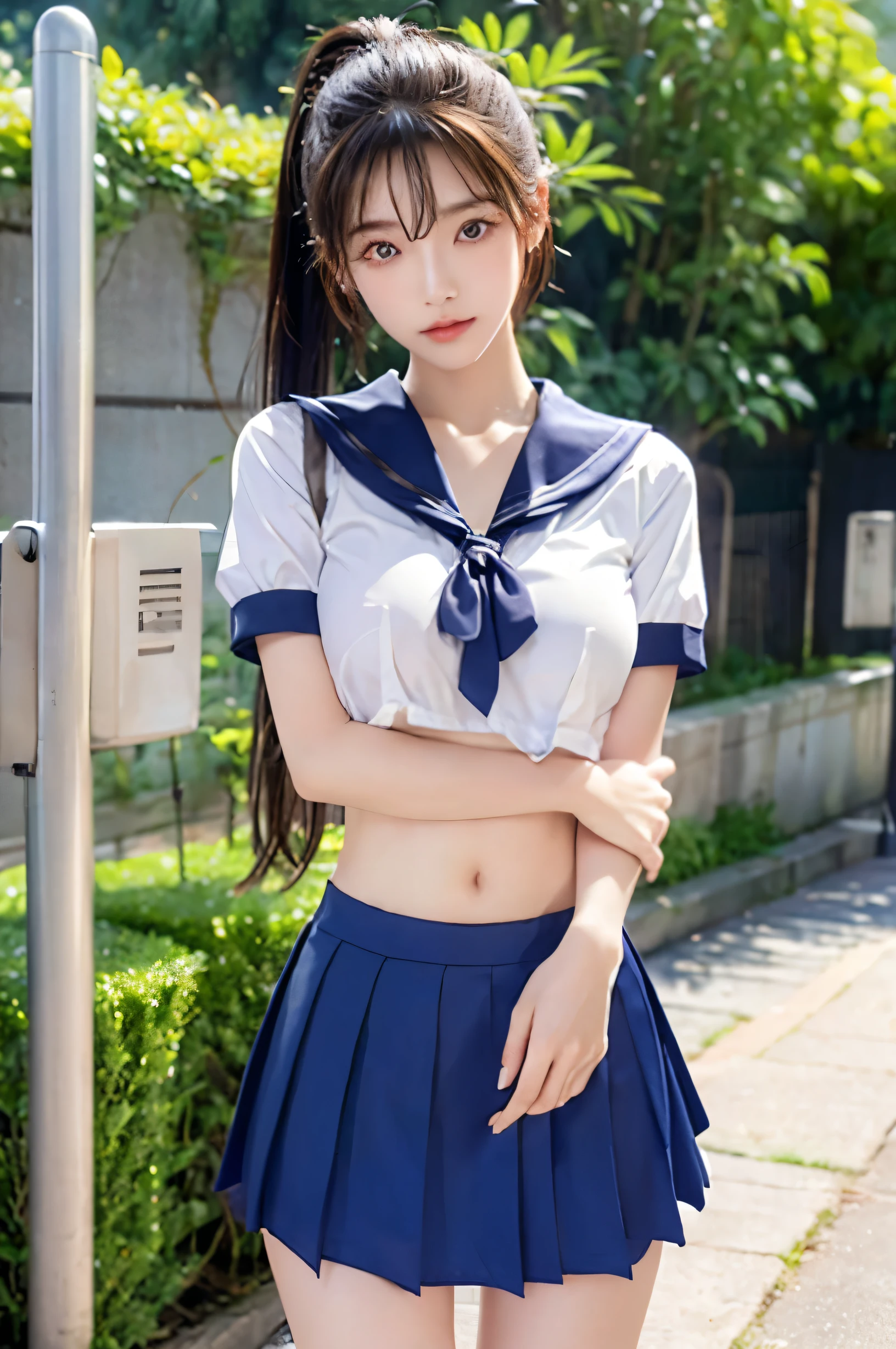 (Ultra HD), (Looking at me), (The whole body is shown), (Short-sleeved sailor uniform, Navy blue low-rise mini skirt), (Big Breasts:1.2), Super beautiful breasts, slender, Narrow waist, (Thin legs:1.2), (Thin thighs:1.2), (Thin Hips:1.4), (Beautiful Skin, Shiny skin, White skin), (Super slim face, Super beautiful face, No makeup, Smile:0.6), (ponytail, Layered Cut, Fluffy hair), (double eyelid, Slanted Eyes), (Small Nose), (Thin lips), Are standing, In front of the school gate