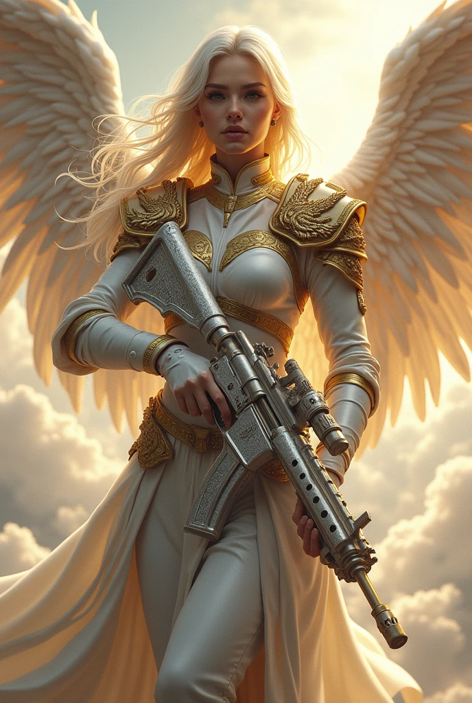 Female Warrior Angel in White and Gold Colors, with the name ALFA on his chest holding a silver AK-47 with dragon details