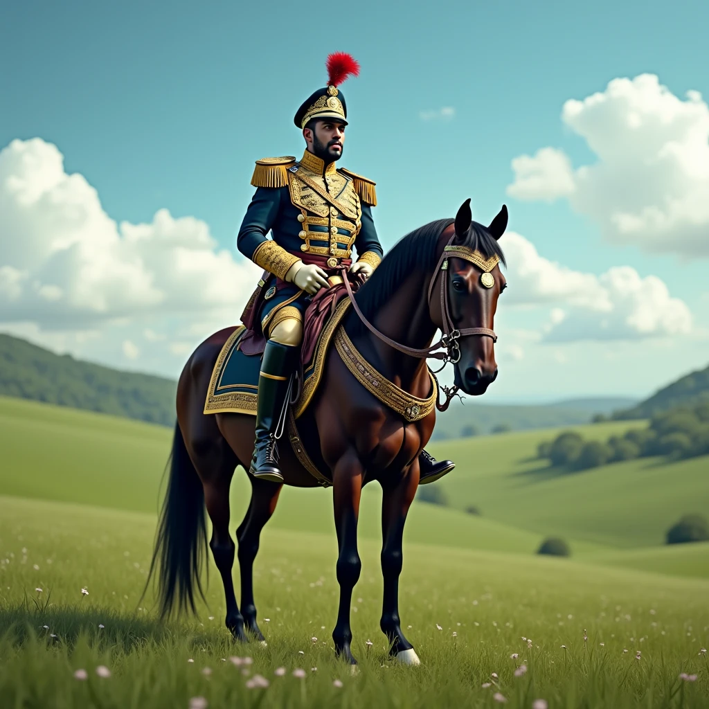 military soldier of the brazilian empire, detailded, moderno, on top of a horse, in a green field