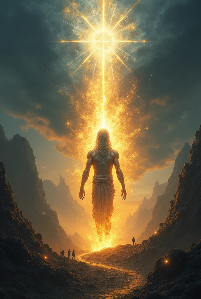 Adam Kadmon in a luminous landscape, representing unity with the divine. Around it, a bright light that fragments into shadows as it moves away from its essence. Shows how your figure breaks down into several parts, symbolizing loss and fragmentation. In the background, a dark path that represents his quest for knowledge, with tempting figures that attract him.