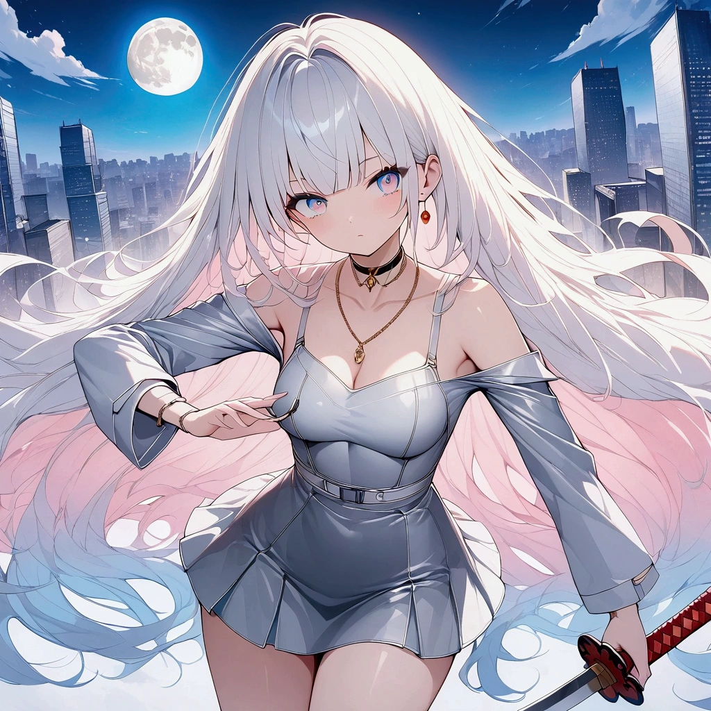 (((anime))) One Woman,Holding a Japanese sword,With a scabbard,Pulling out the sword,Iai stance,Draw your sword,The Boy with the Burning Sword,Burning Blue,samurai,Long Hair,Fluffy long hair,(White Hair),Oblique bangs,One eye is hidden,necklace,yellowの目,Big eyes, silver cyber suit,Raid Suit,Drop shoulder,mini skirt,yellowのブーツ,Modern city,Neon color,moon,pink,yellow,masterpiece,Highest quality,Exquisite,8k,Absurd,Ultra-fine illustrations,(View your audience)