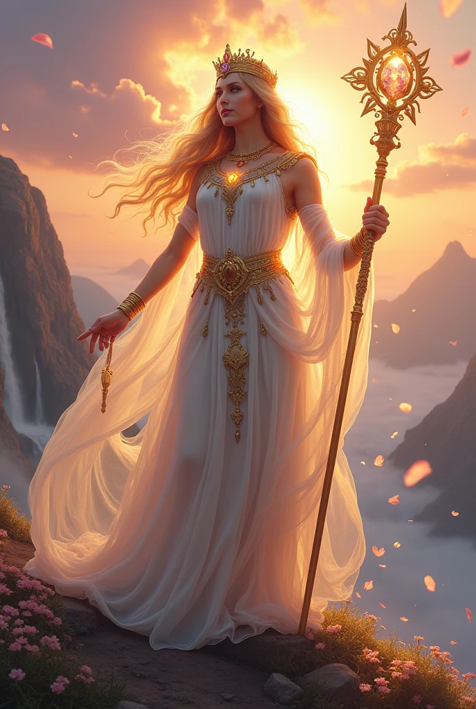 A powerful and ethereal female goddess standing on a mountain peak, her flowing hair shimmering in the light of the rising sun. She has a regal and commanding presence, with a serene expression on her face. Her eyes are bright and filled with wisdom, and she wears an ornate crown made of gold and precious gemstones. She is dressed in flowing robes that seem to be made of stardust, with intricate patterns that glimmer as they catch the light. Around her, a gentle breeze swirls, carrying petals and glowing orbs of light. Her outstretched arms are adorned with golden bracelets, and in one hand, she holds a radiant staff topped with a luminous crystal. Behind her, the sky is a blend of vibrant colors—orange, pink, and purple—reflecting her divine aura and the magical energy emanating from her. The landscape around her is lush, with cascading waterfalls and blooming flowers, symbolizing her connection to nature and her role as a protector of life.