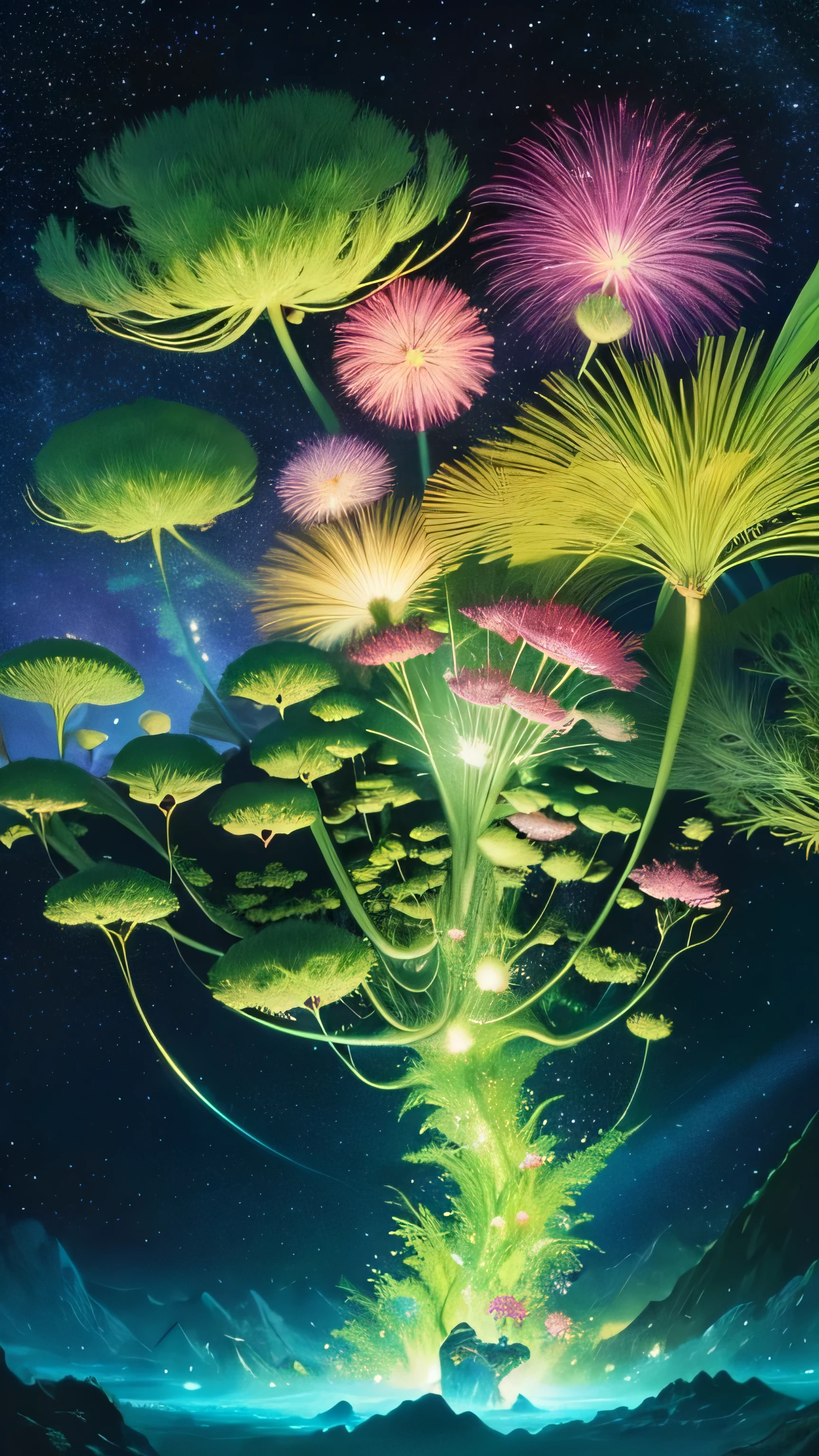 Viral anime nature wallpaper in 4K quality, in the style of illustration inspired by Akira Toriyama, featuring a fantastical jungle with oversized plants, vibrant flowers, and exotic animals; bright and playful color temperature, cosmos lighting with stars twinkling in the sky, no human characters, the atmosphere is adventurous and whimsical --v 5 --stylize 1000