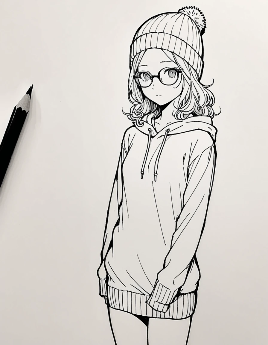 1 female, 30-year-old, alone, thin, slender, small breasts!!!, Loose curly hair, Bedhead, Forehead, thin, slender, (((Knit cap, glasses))), hoodie, Skinny skirt, Are standing, art, black and white, line art, pencil drawing, draft, White background