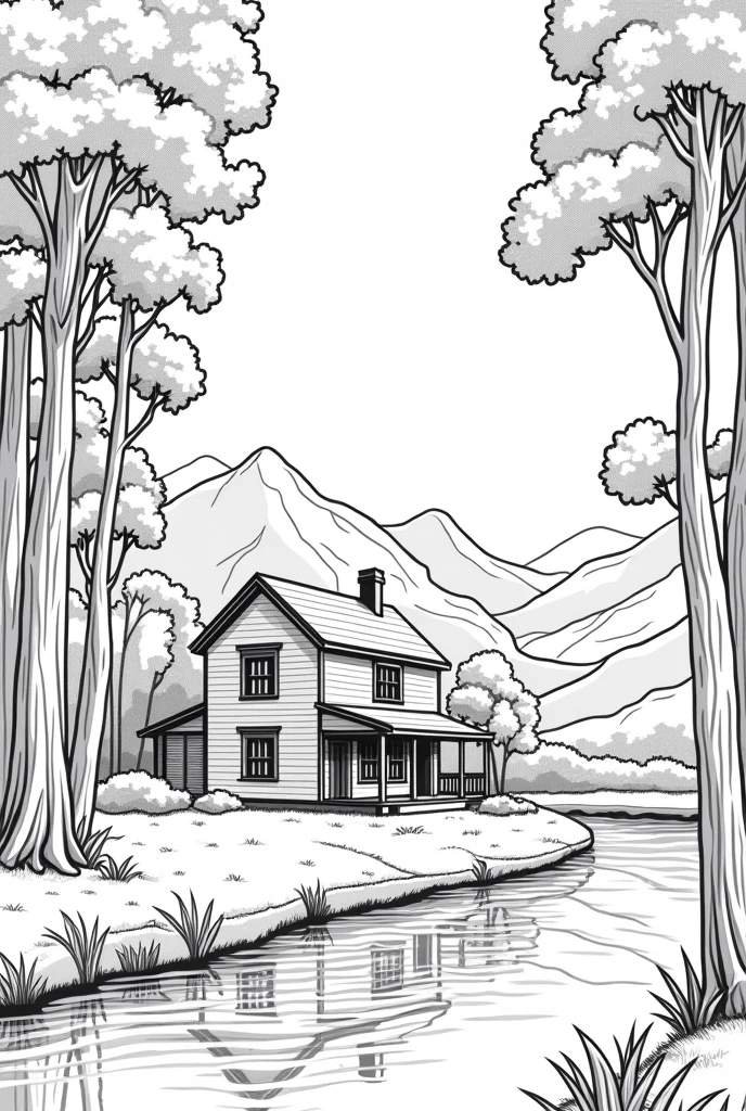 Landscape with a country house, trees, a river, mountains in the background, only outline of the drawing, black and white