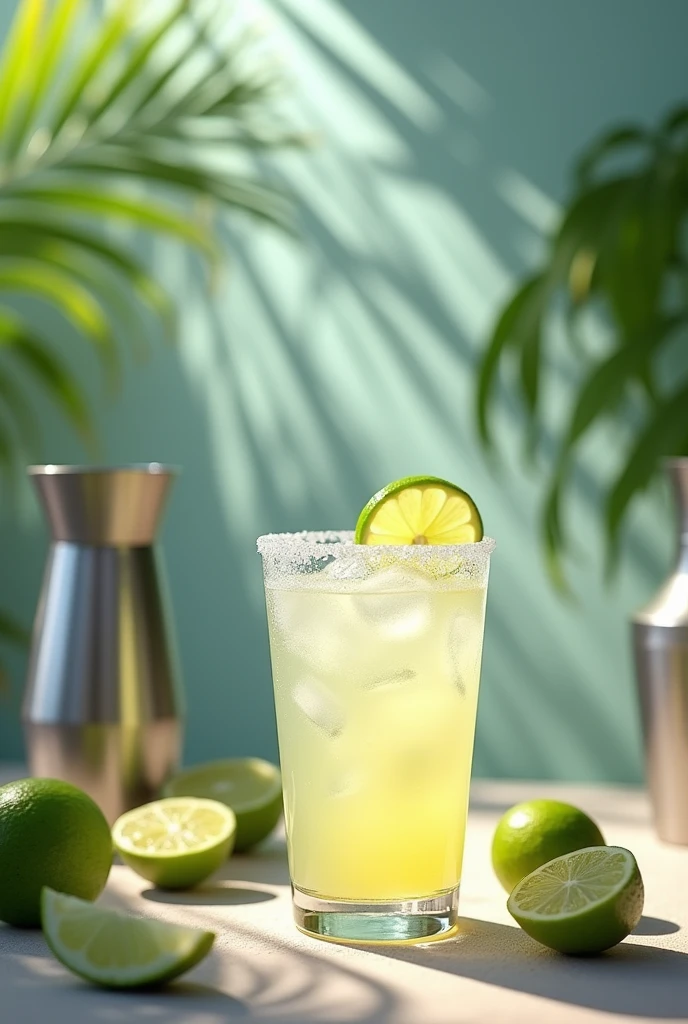Dans une ambiance tropicale ensoleillée, sur une table en bois, repose un verre de Margarita glacée. Le verre est délicatement givré de sel sur le rebord, avec un liquide jaune clair et une tranche de citron vert frais posée sur le bord. À côté du verre, une carafe de tequila argentée, un shaker en acier inoxydable, et des morceaux de citron vert prêts à être pressés sont soigneusement disposés. Des ombres de palmiers se dessinent en arrière-plan, tandis qu'une légère brise marine semble flotter dans l'air, évoquant une sensation de fraîcheur et d'évasion estivale.