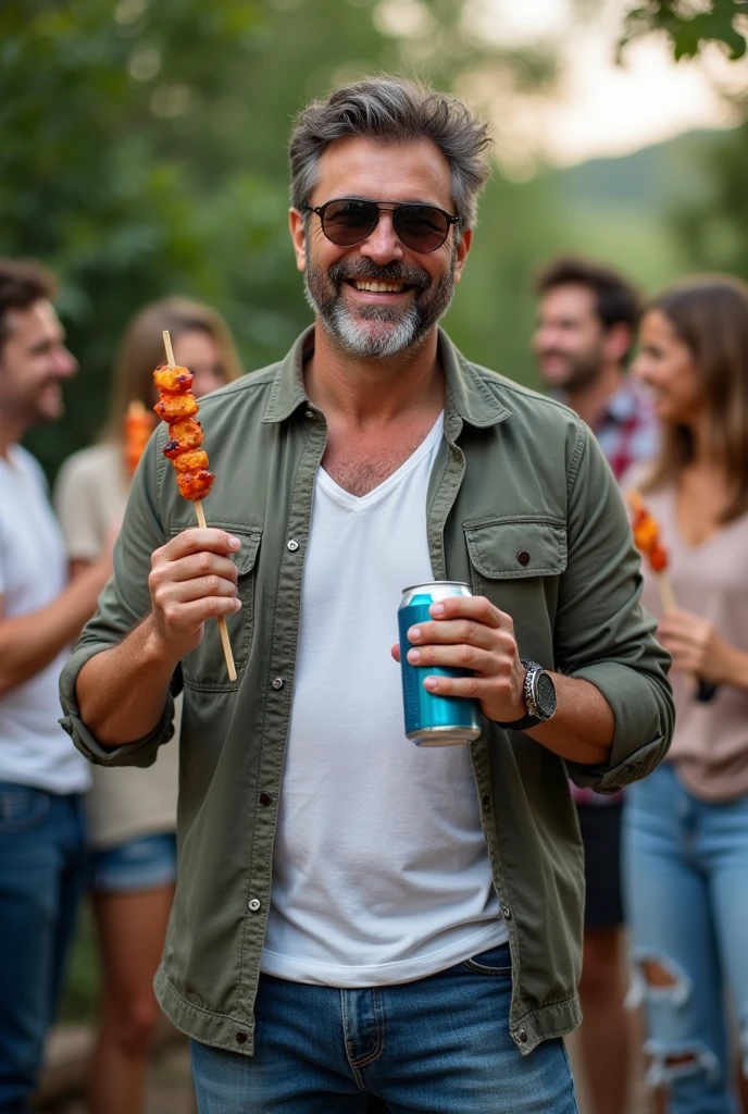 A photo of a man of approximately 30 years old in front of a barbecue. he's handsome, he has a beard and wears sunglasses. A barbecue skewer in one hand and a can of beer in the other hand. Further back in the photo, a group of friends watch this man with admiration. Friends are eating barbecue meat on skewers.