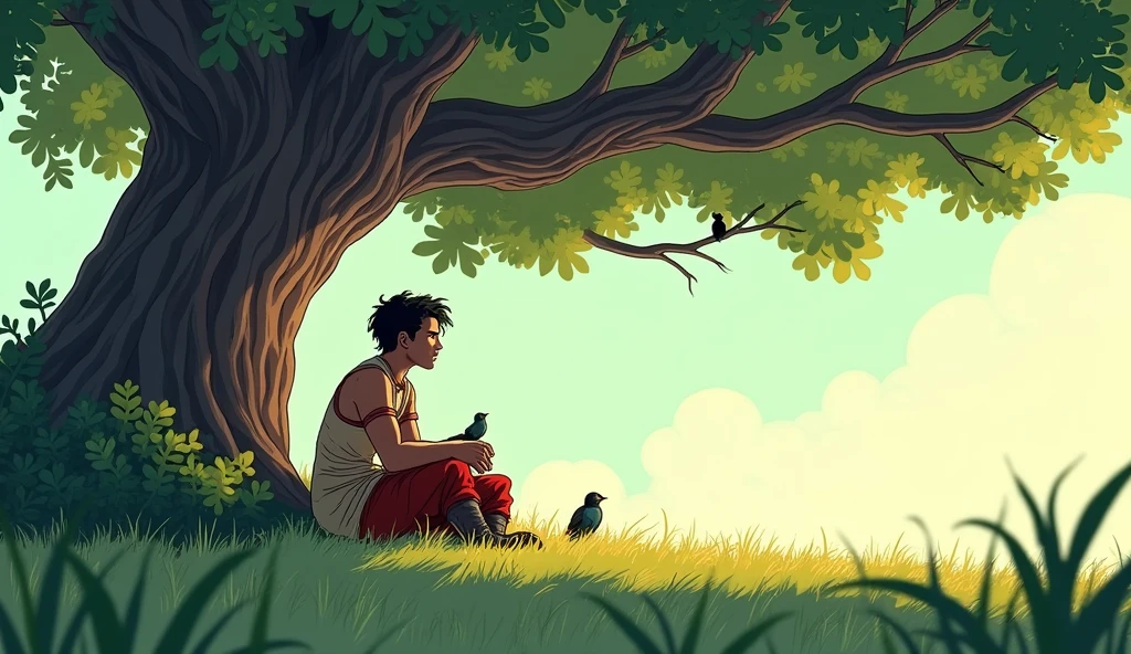 Arav reflecting on the story: Comic style. Arav, the young warrior, sits under the large tree, deep in thought. The background includes the tree’s expansive branches overhead and the soft, grassy ground beneath him. Sunlight filters through the leaves, creating a dappled pattern on the ground. The scene is calm and reflective, with a few birds perched on the branches, adding to the tranquility of Arav’s contemplation.