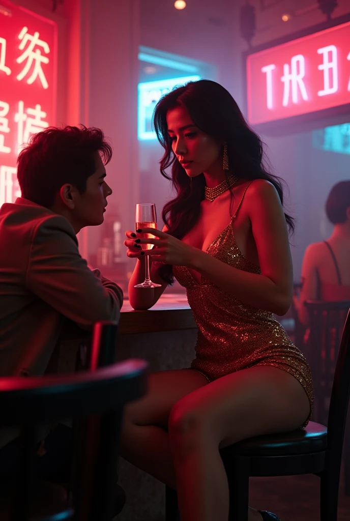 (best quality, 4k, highres, masterpiece:1.2), (ultra-detailed, photo-realistic:1.37), ((show full-body)), ((90s style)), (90s Tokyo nightlife), 1girl, 1990s japanese high-class hostess superstar, entertaining her patron inside hostess bar, (long feathered hair:1.3), (striking makeup:1.2), (red lipstick:1.1), wearing a (low-cut sequin dress:1.4), (high slit:1.3), (shoulder pads:1.2), (chunky gold jewelry:1.1), (high heels:1.2), (seductive pose:1.3), (champagne glass in hand:1.1), (neon-lit bar background:1.2), (smoky atmosphere:1.3), (attentive male patron in suit:1.2), (intimate conversation:1.1), (glamorous:1.3), (alluring:1.2), (confident demeanor:1.4), (80s charm:1.3), (nostalgic ambiance:1.2)]