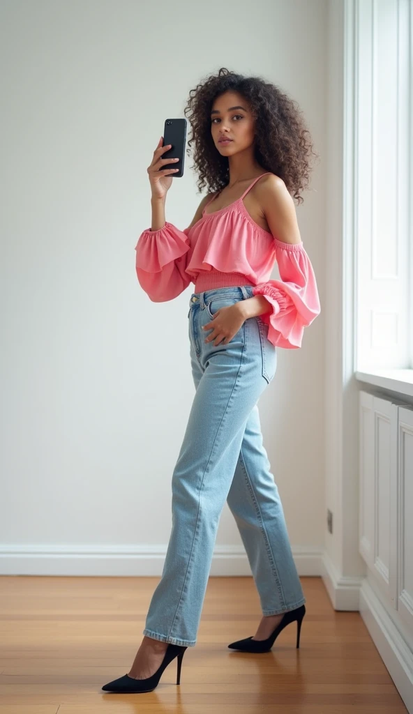 The following features can be seen in this image
1. a simple room with white walls and wooden floors seen in the background.
2. a woman wearing a pink ruffled top is seen in the center of the image.
3. the woman is holding a smartphone in her hand and is in a pose as if she is taking a selfie.
4. the woman has a curly hairstyle and is wearing black high heels.
5. the woman's lower body is wearing light blue high-waisted jeans.
6. overall, the woman's glamorous fashion style is striking.