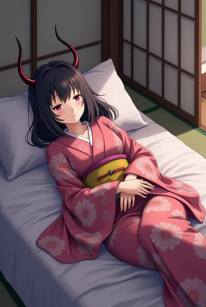 NEZUKO IN A KIMONO LAYING ON A BED UPSKIRT