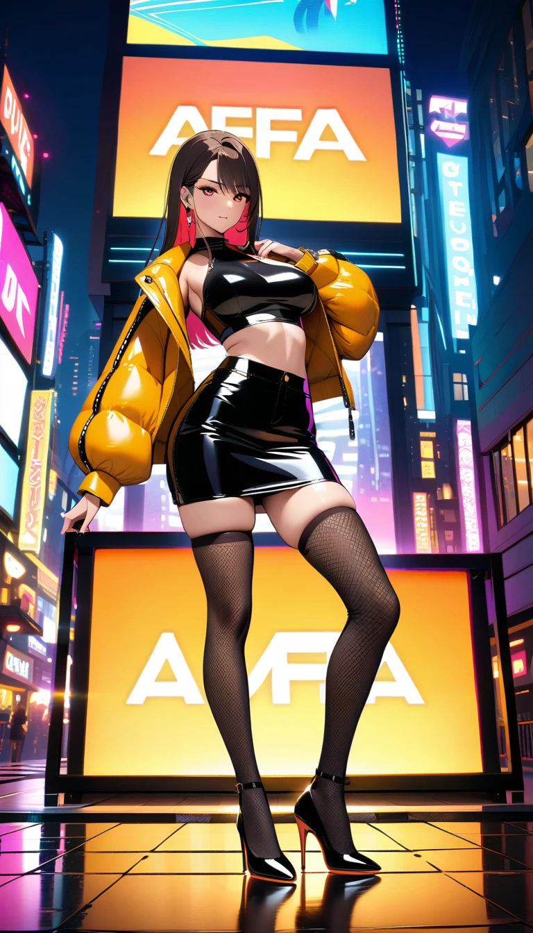 A sultry evening shot: a woman stands confidently in front of a neon-lit cityscape, illuminated by the vibrant hues of billboards and streetlights. The open-front shoulder-padded leopard print crop top jacket is worn over a red inner suit, drawing attention to her toned physique. A black tight miniskirt hugs her curves, while black fishnet stockings add a touch of edginess. Orange stiletto heels elongate her legs, making her appear statuesque and poised. The city's dynamic energy surrounds her, capturing the essence of a modern femme fatale.