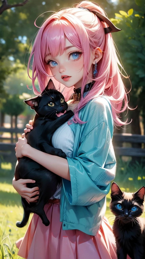 Cute Girl, cowboy shot,girl with cat, black cat, pink hair blue eyes, avatar