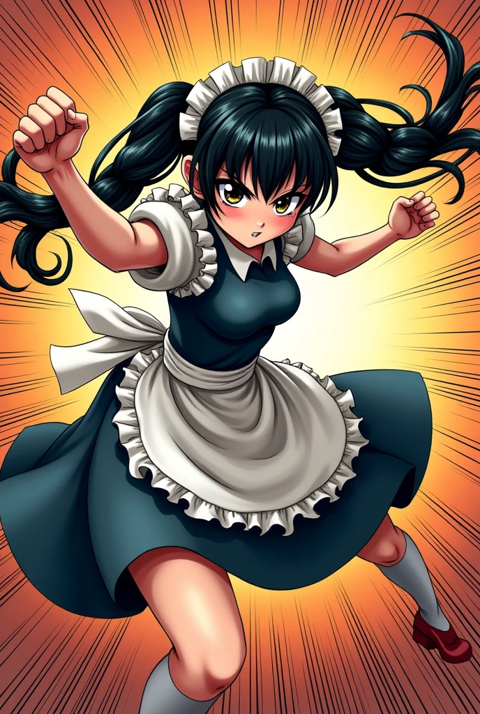 manga style, Maid, red shoes, long black hair in braids, photo in 8k, in action, fighting move, Comic books