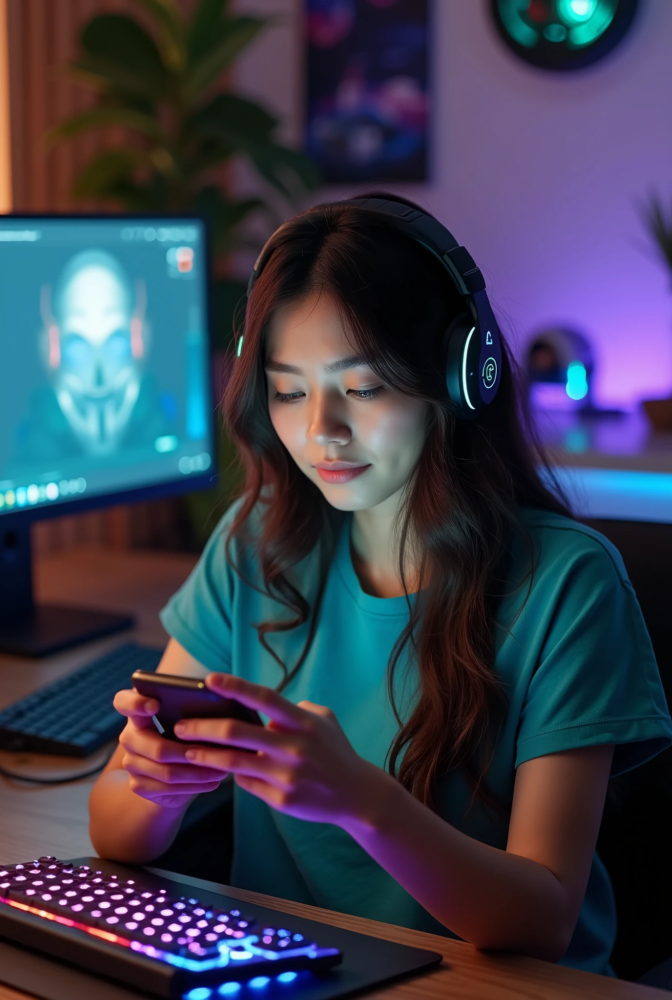 a beautiful 1 asian woman sitting at her desk playing games on a mobile device. The office is decorated in a game style