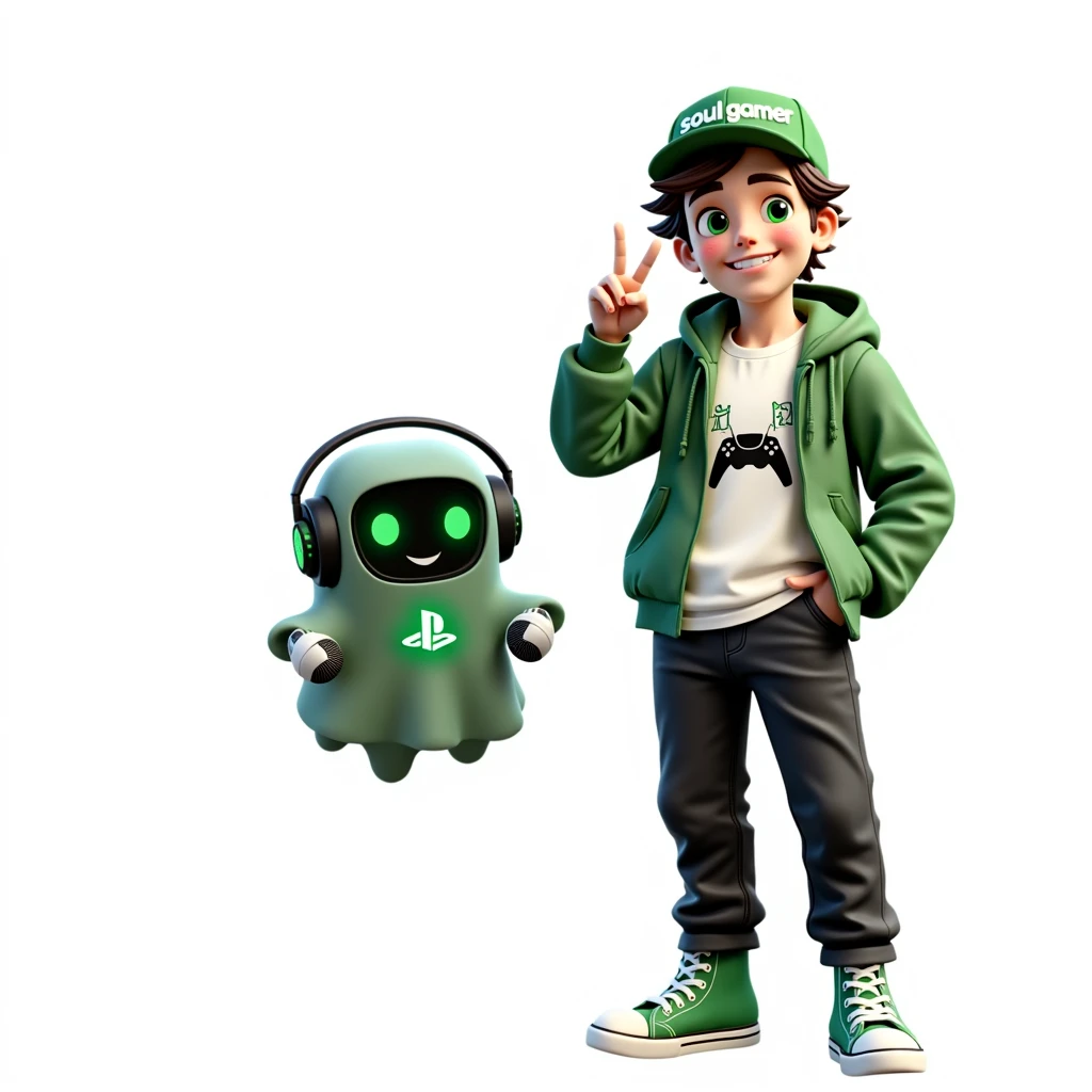 Create two characters that interact with each other. The two characters are friends through many adventures.
Character 1: Boy approximately 1 . He is tall. His facial expression is friendly and smiling., with big green eyes that convey a sense of curiosity and joy. your hair is short, brown in color and slightly disheveled, visible under the CAP. His cap is green and has a Playstation 5 controller printed on the front.. He wears a white T-shirt under a hooded jacket and matching cap.. The jacket has the word "Soulgamer" written visibly at chest height. He wears loose black pants that fit comfortably over green sneakers that match his jacket and cap., with white shoelaces tied tightly. Character 1 is standing with the fist of one of his hands clenched while the fist of his other hand is raised as if he is celebrating..
Character 2: Medium-sized robot mascot with ghost-like appearance. Resembling a drop. On his hands he has five well-defined fingers. His facial expression has large, green eyes with a glow, conveying a friendly and cheerful expression. He has a small open mouth with a happy smile and flushed cheeks.. Its body is white with small green details and a smooth, slightly shiny texture.. He has a headset on his head with an adjustable microphone positioned close to his mouth.. And on his chest you can see the illuminated shape of a Playstation 5 controller in fluorescent green.. It floats in the air, as if he were ready for an adventure.
The scene consists of a stone road with plants on the side and behind the characters you can see a portal where the word is written "Soul Gamer"