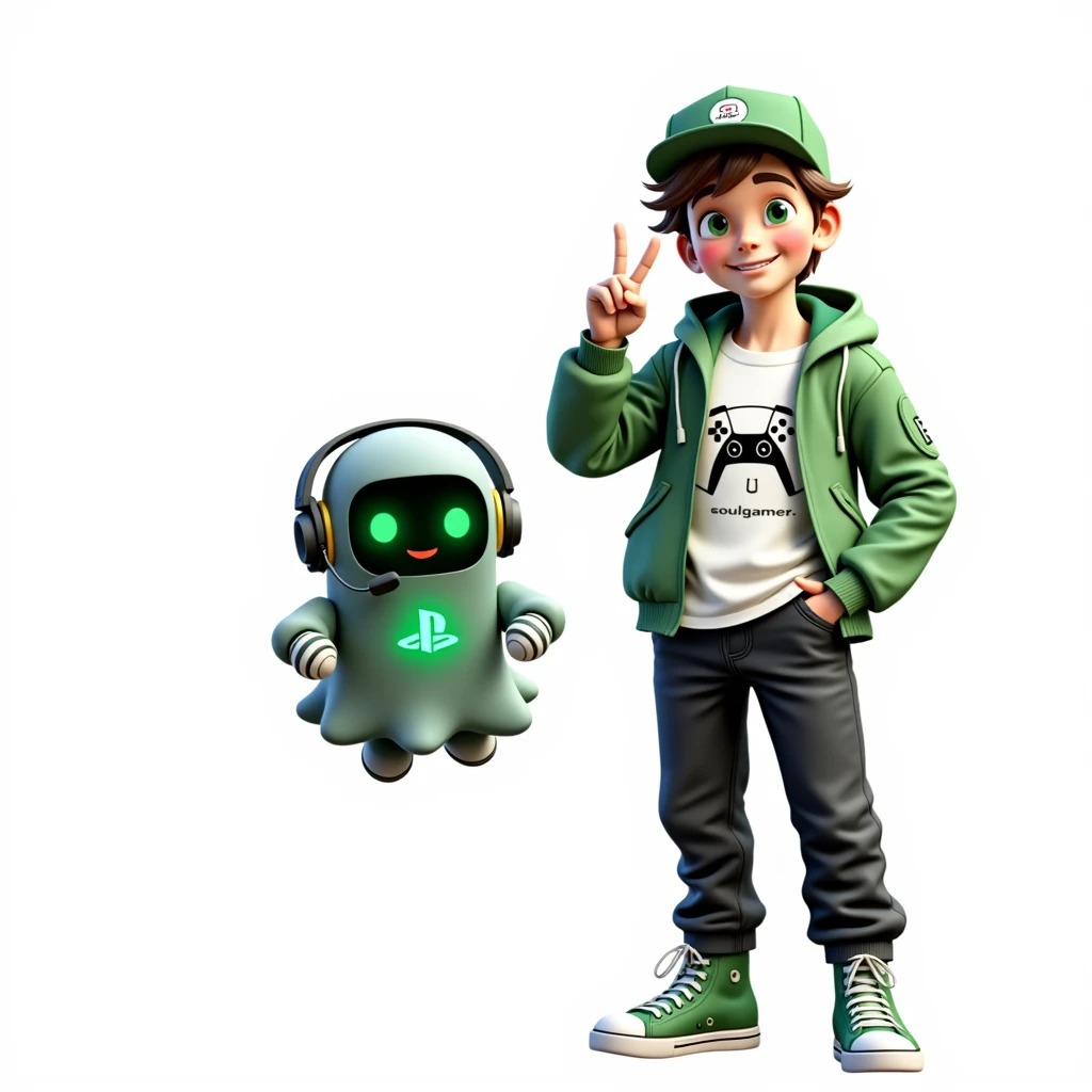 Create two characters that interact with each other. The two characters are friends through many adventures. 
Character 1: Boy approximately 1 . He is tall. His facial expression is friendly and smiling., with big green eyes that convey a sense of curiosity and joy. your hair is short, brown in color and slightly disheveled, visible under the CAP. His cap is green and has a Playstation 5 controller printed on the front.. He wears a white T-shirt under a hooded jacket and matching cap.. The jacket has the word "Soulgamer" written visibly at chest height. He wears loose black pants that fit comfortably over green sneakers that match his jacket and cap., with white shoelaces tied tightly. Character 1 is standing with the fist of one of his hands clenched while the fist of his other hand is raised as if he is celebrating.. 
Character 2: Medium-sized robot mascot with ghost-like appearance. Resembling a drop. On his hands he has five well-defined fingers. His facial expression has large, green eyes with a glow, conveying a friendly and cheerful expression. He has a small open mouth with a happy smile and flushed cheeks.. Its body is white with small green details and a smooth, slightly shiny texture.. He has a headset on his head with an adjustable microphone positioned close to his mouth.. And on his chest you can see the illuminated shape of a Playstation 5 controller in fluorescent green.. It floats in the air, as if he were ready for an adventure. 
The scene consists of a stone road with plants on the side and behind the characters you can see a portal where the word is written "Soul Gamer"