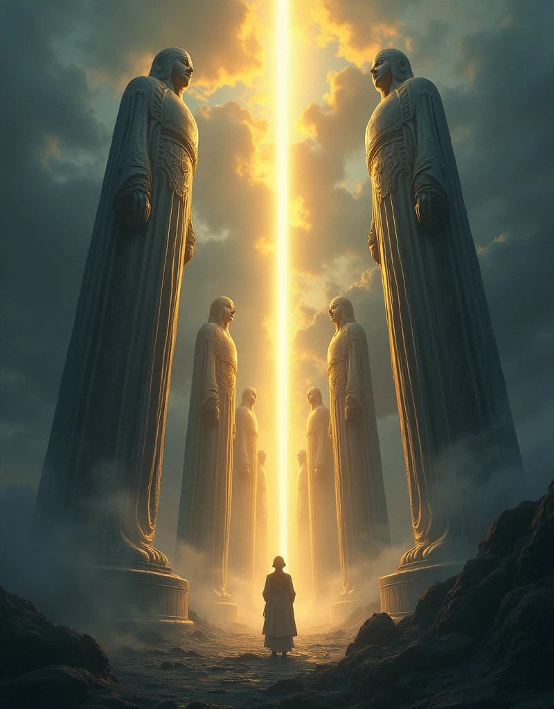 Create a anime style landscape image. Their idols are silver and gold,
the work of human hands.
They have mouths, but do not speak;
eyes, but do not see.
They have ears, but do not hear;
noses, but do not smell.
They have hands, but do not feel;
feet, but do not walk;
and they do not make a sound in their throat.
Those who make them become like them;
Show that darkness of idolatory and True God is light