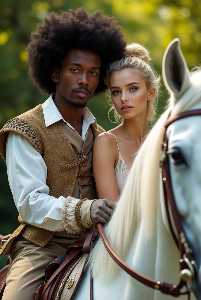 Photo of a young black man with afro hairstyle, with a young blonde with blue eyes, on a white horse.