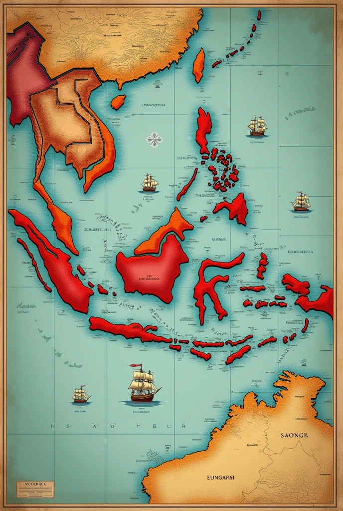 Photo of a world map showing the distribution of all shipping lanes and the people who led the voyages., which reaches the Indonesian Archipelago (Indonesia)