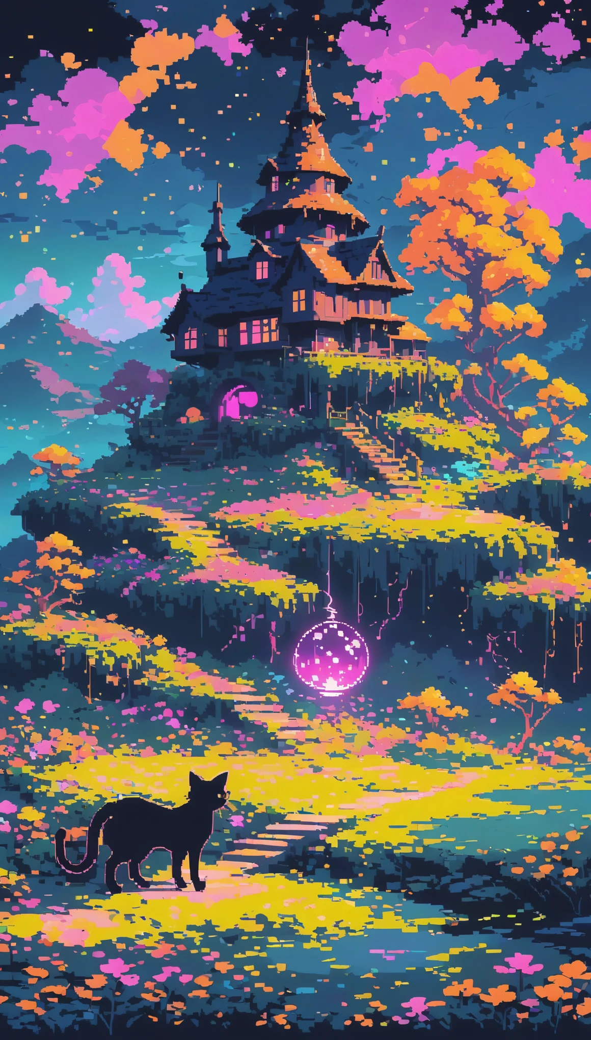 dark neon Magical Witch pixel ,landscape, No people ,The Witch's Black Cat