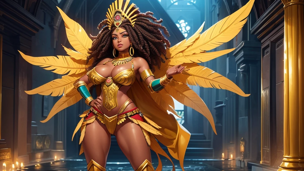 1 girl, dressed in hufflepuff costume, stand, wide hips, full body woman, t pose, stand, standing, stand, one female stand, one female standing, one, full body, girl single full body, (big boobs), (((full body))), (thick thighs), ((wide hips)), ((((slim waist)))), tribal armor, costumed with feathers and feathers on head, stunning african princess, aztec warrior goddess, aztec princess portrait, african queen, epic 3d oshun, aztec queen,two different poses, Highly detailed face and skin texture, big green eyes, juicy lips, bimbo lips, brown skin, (curly red afro hair), detailed eyes, double eyelids, curly black afro hair, gold metal cyberpunk ribbons, metal necklace, futuristic gold metal, gold jewelry on wet body, wet skin, full body, fundo com detalhe de castelo asteca.