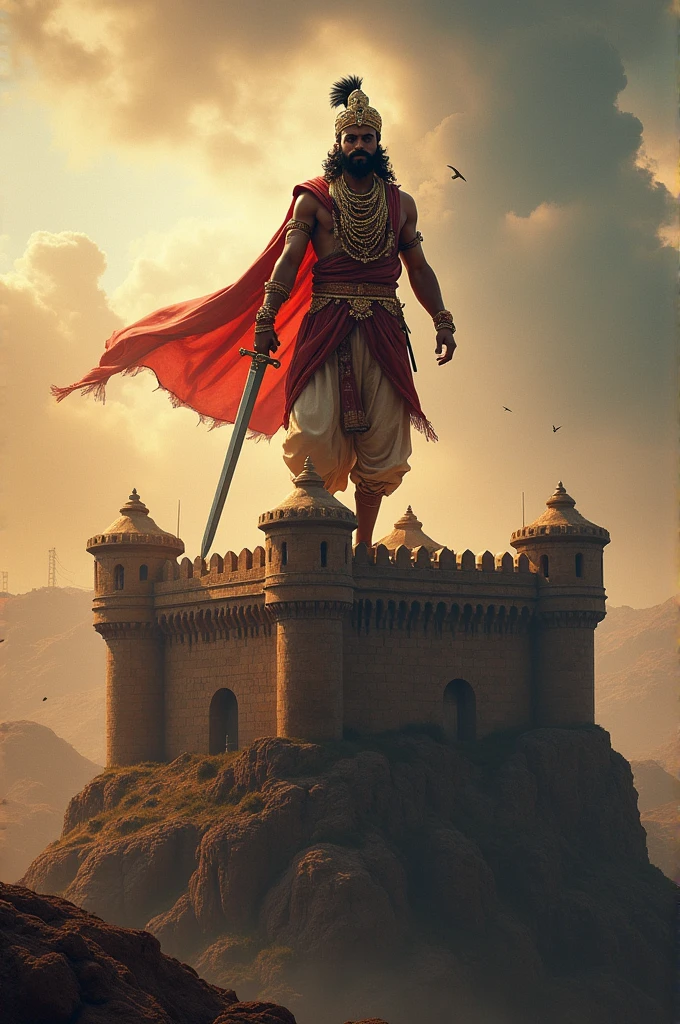 Victories in Forts: Shivaji Maharaj triumphantly standing atop a fort, symbolizing his victories and conquests.