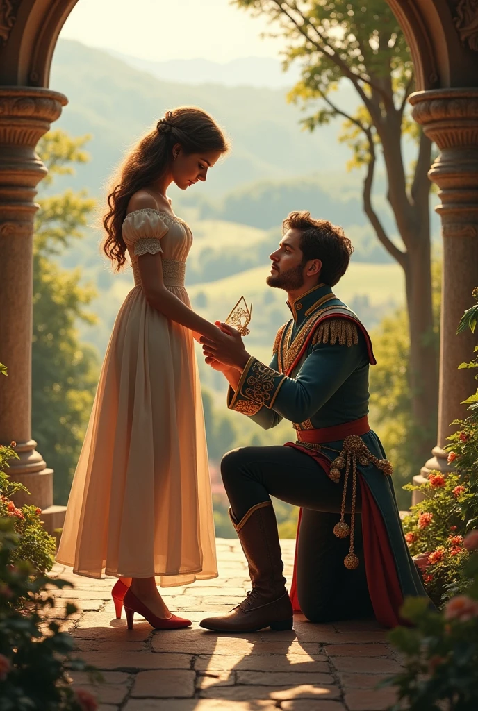 Prince Charming searching for the girl whose foot fits the shoe.