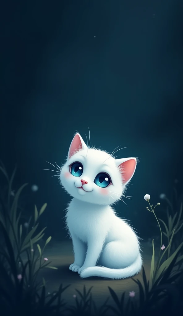 a silhouette of a tiny white cat with blue eyes in the dark, dark background, minimalist, ambience light, flat illustration
