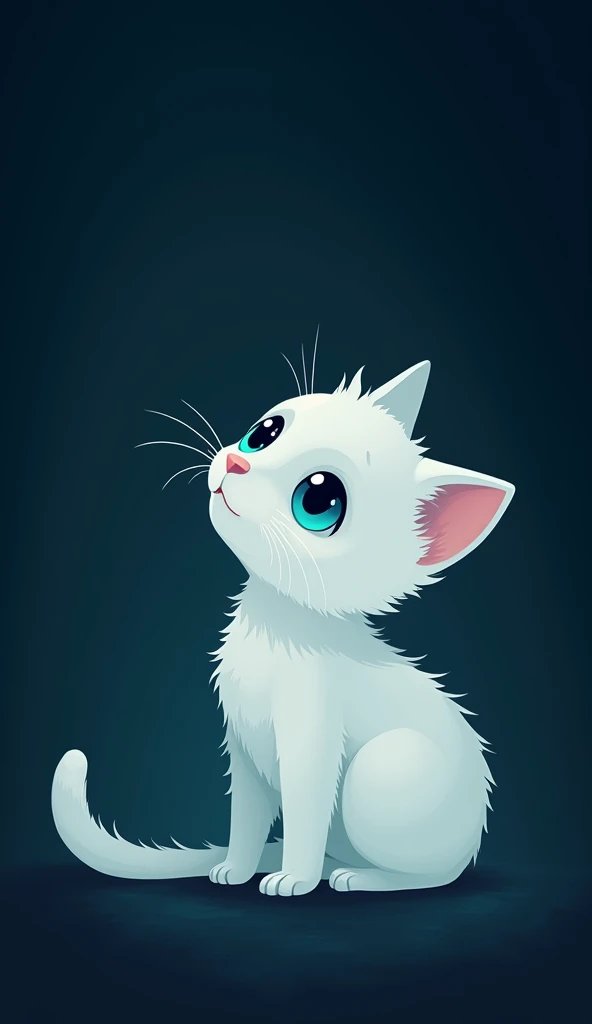 a silhouette of a tiny white cat with blue eyes in the dark, dark background, minimalist, ambience light, flat illustration