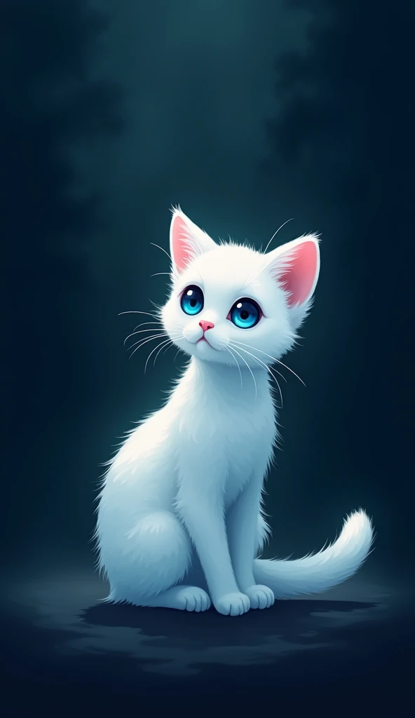 a silhouette of a tiny white cat with blue eyes in the dark, dark background, minimalist, ambience light, flat illustration