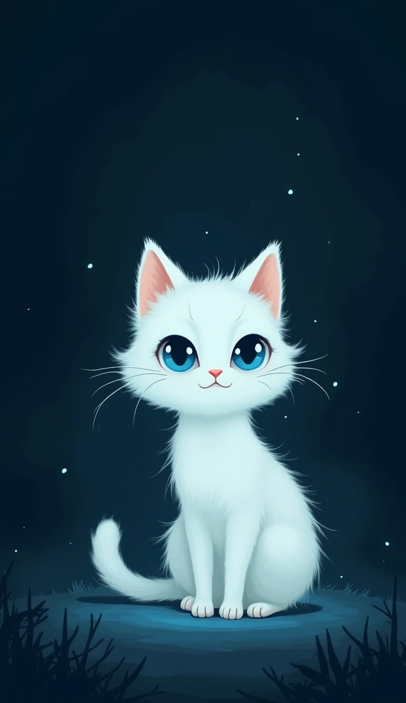 a silhouette of a tiny white cat with blue eyes in the dark, dark background, minimalist, ambience light, flat illustration