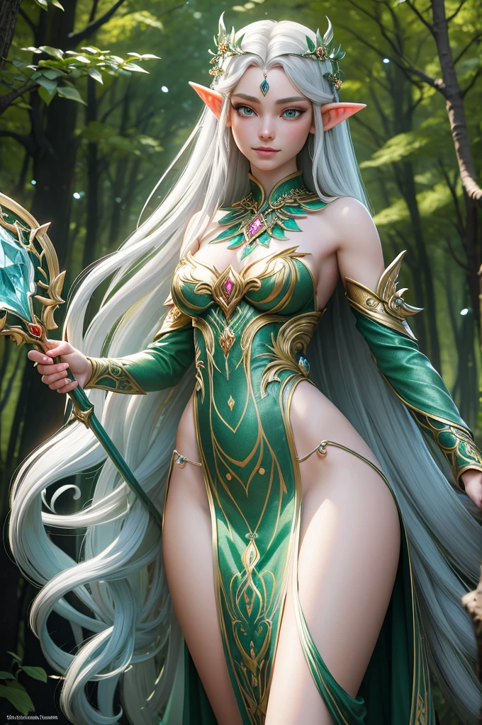 elfa

A beautiful elf with long flowing silver hair, piercing emerald eyes, and delicate pointed ears. She has a slender and graceful figure, dressed in a flowing ethereal gown made of shimmering moonlight fabric. The gown is adorned with intricate silver embroidery and delicate floral patterns, adding to the enchanting aura surrounding her. The elf is standing amidst a magical forest, with sparkling fairy lights illuminating the surroundings. The vibrant green leaves of the towering trees create a mesmerizing backdrop. Sunlight filters through the branches, casting ethereal rays of golden light on the elf's radiant face. She holds a magical staff in her hand, which emits a soft glowing energy, revealing her strong connection with nature. The atmosphere is filled with a sense of serenity and tranquility. The colors in the scene are vibrant and saturated, with a touch of mystical hues, enhancing the magical ambiance. The lighting is soft and gentle, with a warm golden glow, creating a dreamlike and otherworldly atmosphere. The image quality is of the highest standard, with ultra-detailed rendering capturing every intricate detail of the elf's features and the surrounding environment. The overall style of the image is fantasy art, with a blend of realism and a touch of surrealism, capturing the essence of the mystical and enchanting world of elves.