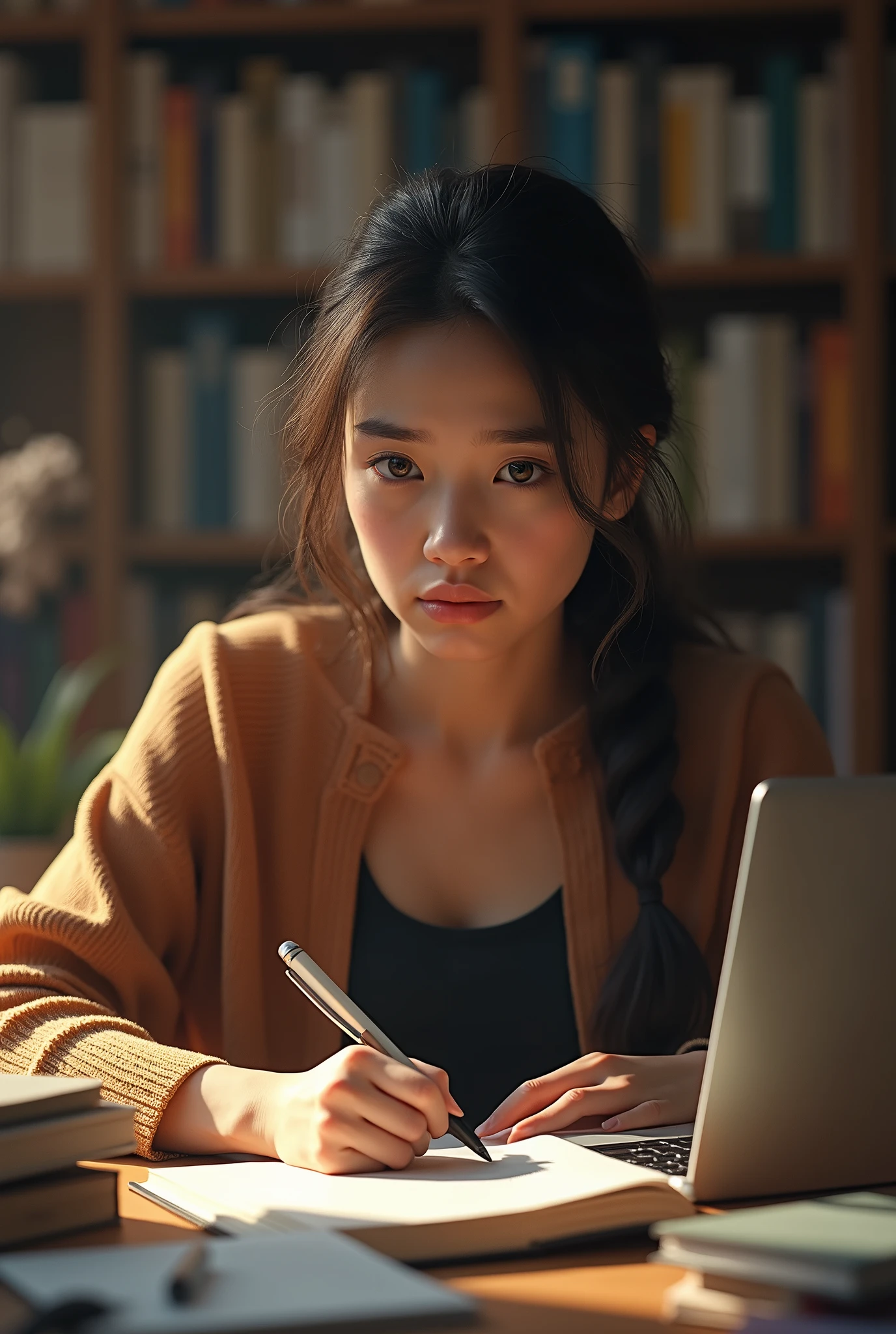 A student who is very serious about her studies makes her a little sad. She often puts pressure on herself.