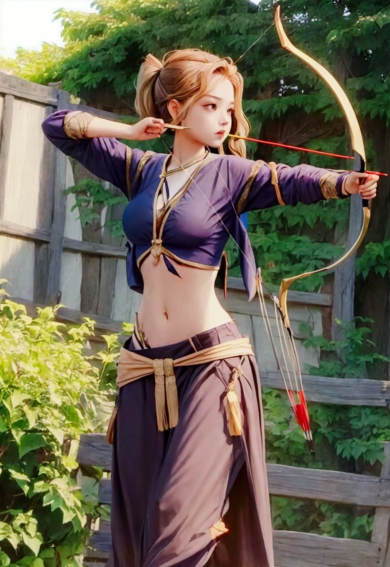 girl in crop top shirt , Archery, (open navel), bow, arrow