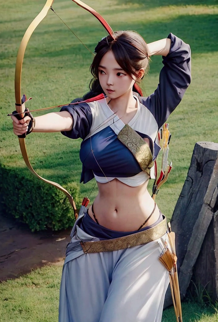 girl in crop top shirt , Archery, (open navel), bow, arrow