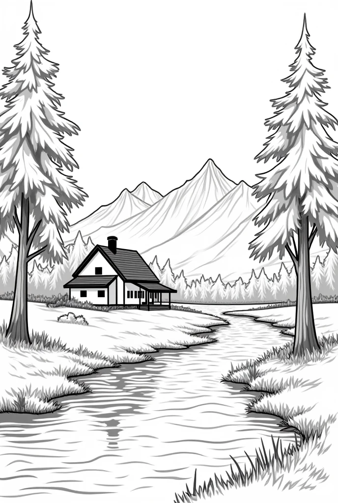 Landscape with a country house, trees, a river, mountains in the background, only outline of the drawing, black and white