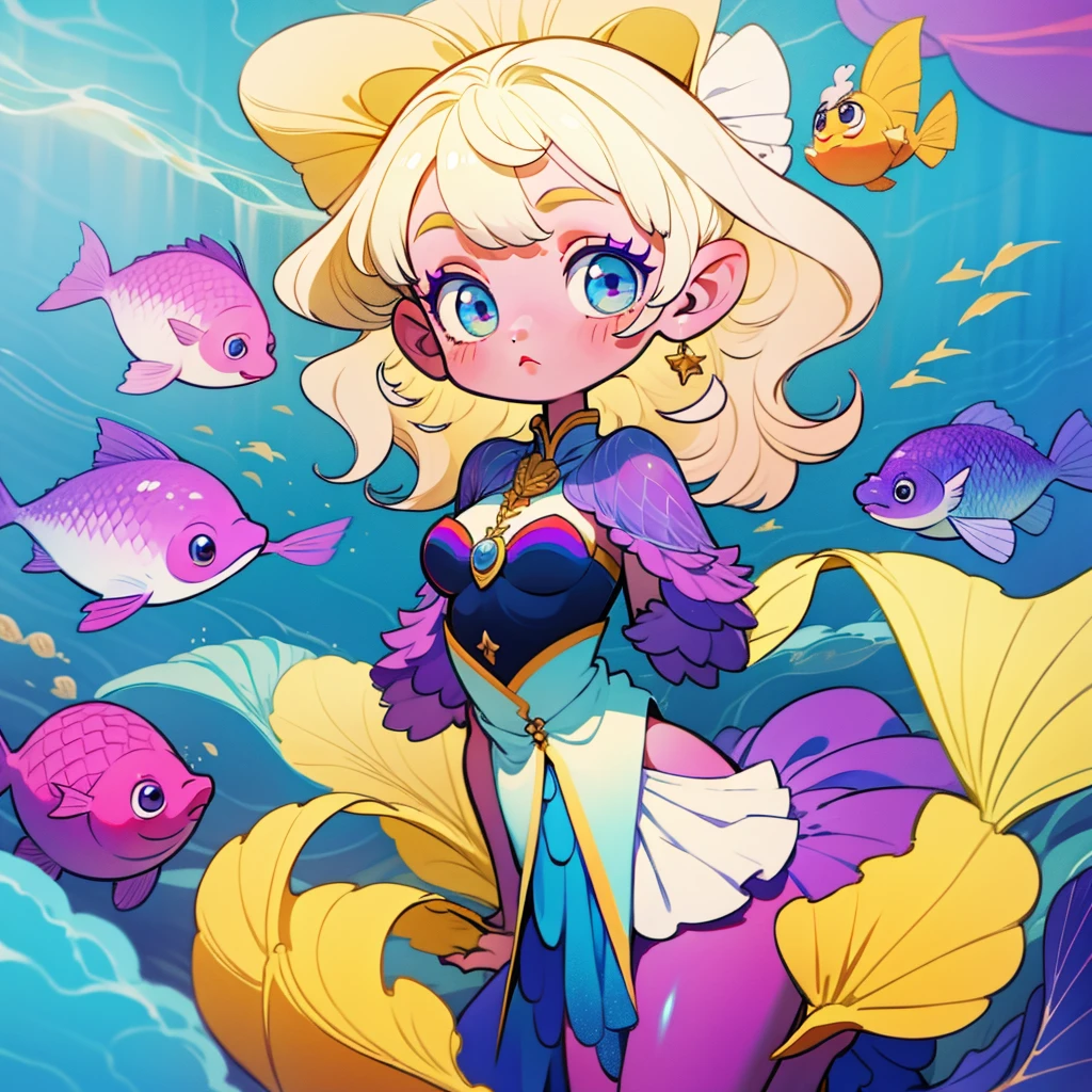 （masterpiece，top quality，best quality），ull bodyesbian，one-girl，European Middle Ages，adolable，standing on your feet，Full body like，（Very short），（Toddler body type），Without background，Cute version，mermaid girl, shell bikini, blonde long hair, purple mermaid tail, 