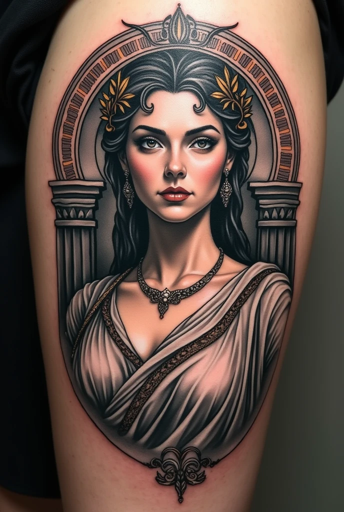 A more stylish tattoo of the goddess of Justice in the Greek style but with the appearance of a tattoo